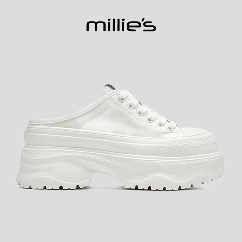 MILLIE'S/妙丽不累脚女鞋厚底增高包头半拖白色休闲小白鞋松糕鞋