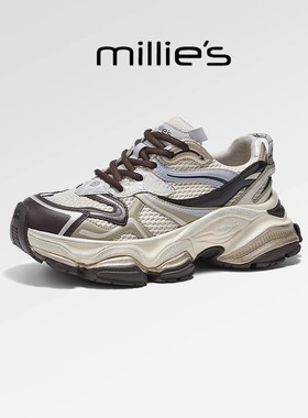 millies妙丽新款圆头鞋百搭撞色女鞋网纱轻便透气厚底增高老爹鞋