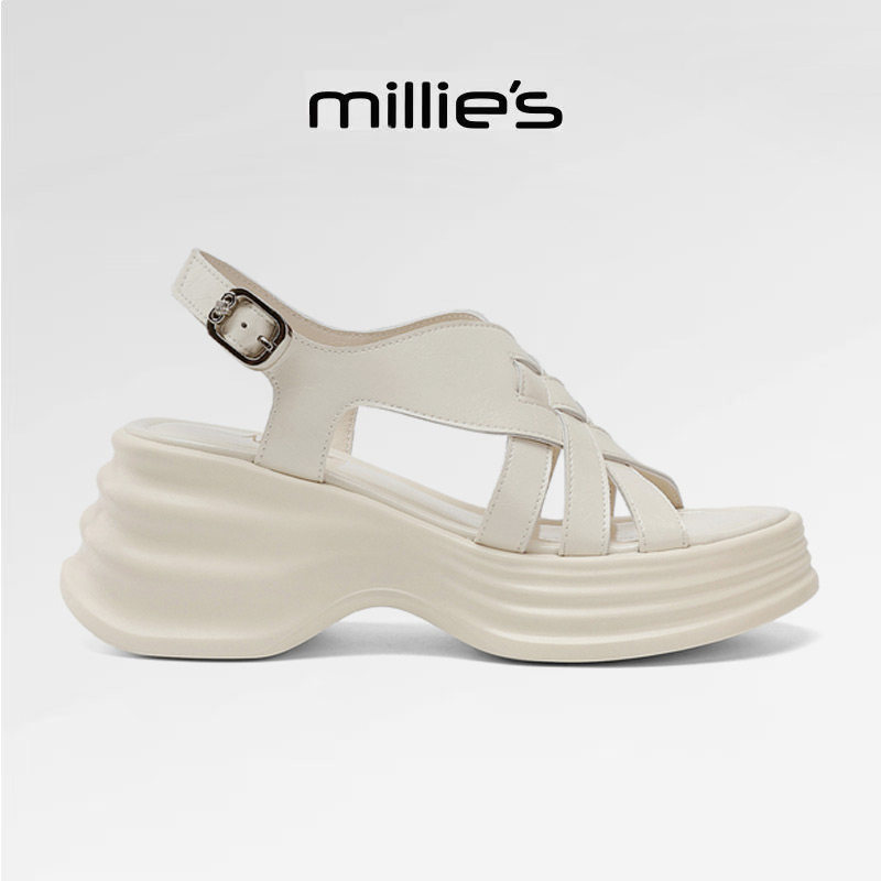 MILLIE'S/妙丽巨好看松糕厚底凉鞋女真皮镂空小个子显高罗马鞋