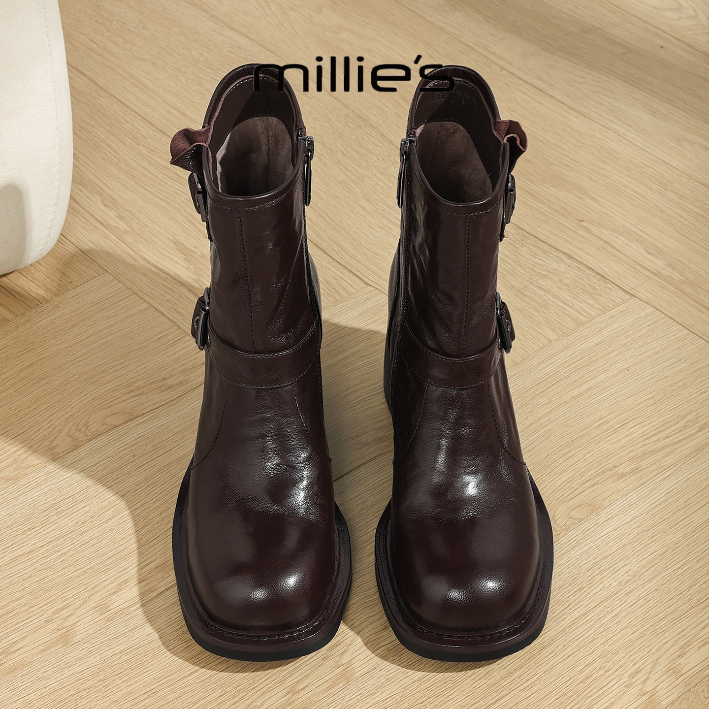 MILLIE'S/妙丽英伦风双扣带短靴女黑色加绒百搭马丁靴粗跟增高鞋