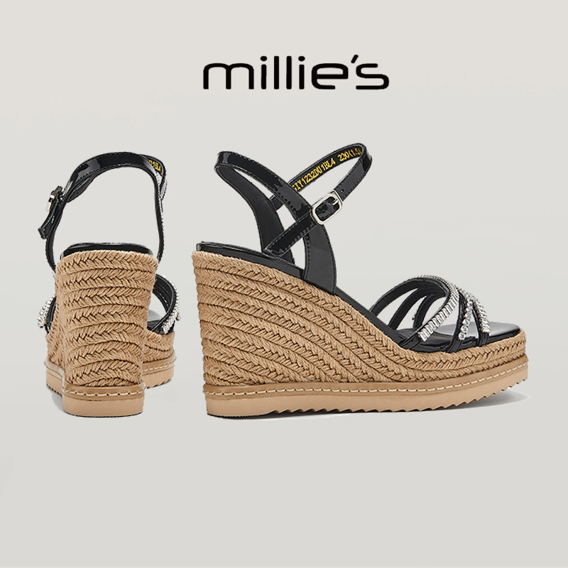 MILLIE'S/妙丽露趾坡跟凉鞋 一字扣带增高女鞋简约时尚百搭夏季鞋