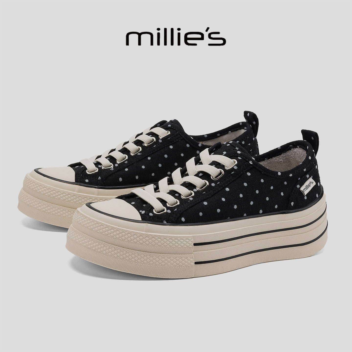 MILLIE'S/妙丽波点厚底帆布鞋女夏季百搭透气舒适黑色松糕休闲鞋