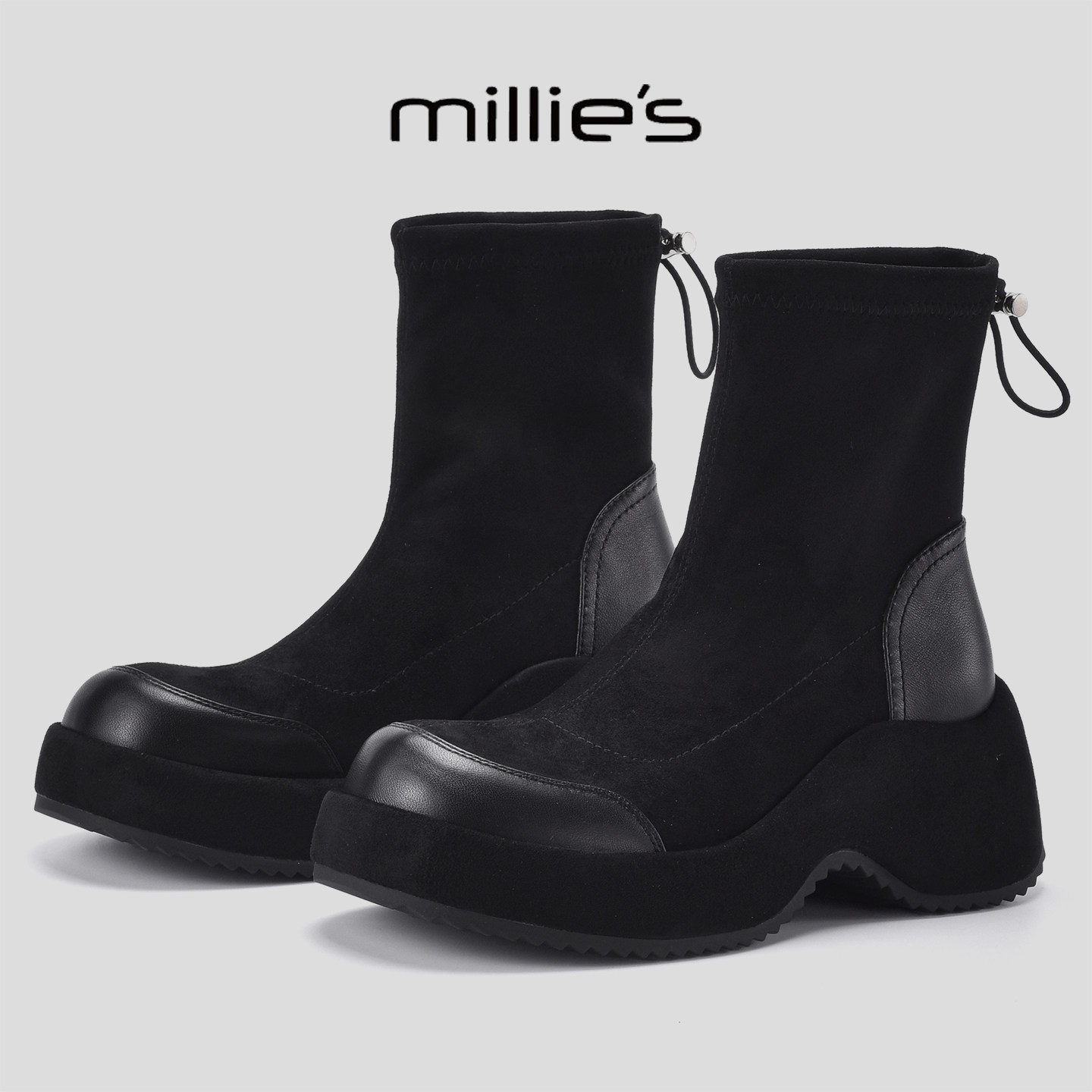 MILLIE'S/妙丽冬季加绒保暖马丁靴新款黑色厚底增高套脚显瘦短靴