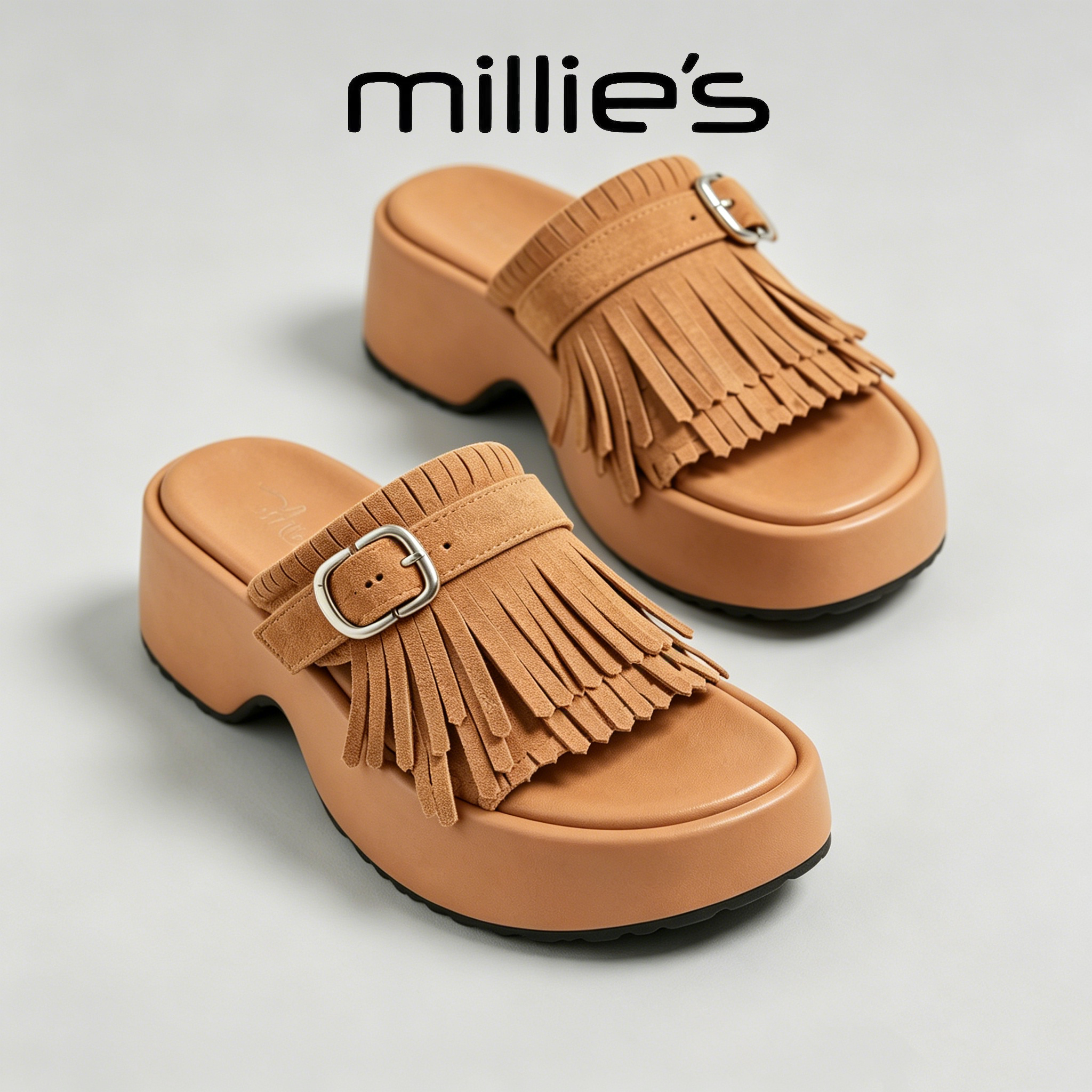MILLIE'S/妙丽夏季流苏搭扣厚底凉拖方头增高外穿复古西部风拖鞋