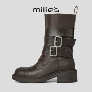 英伦风粗跟皮带扣机车靴百搭单靴潮骑士靴冬季 妙丽法式 MILLIE