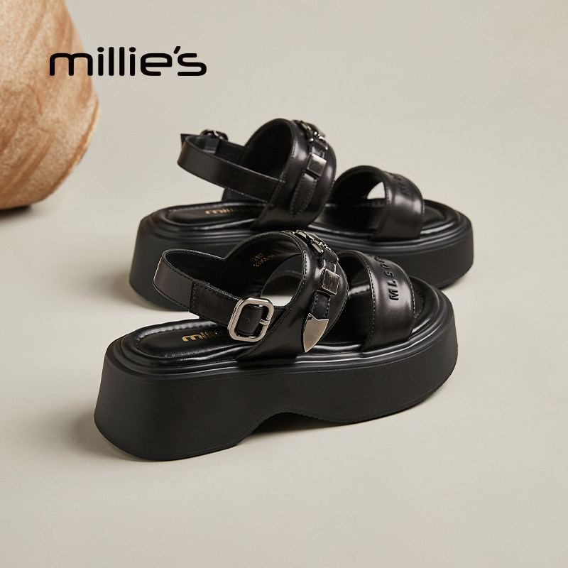 MILLIE'S/妙丽圆头厚底一字带设计感防滑柔软舒适时尚休闲凉鞋女
