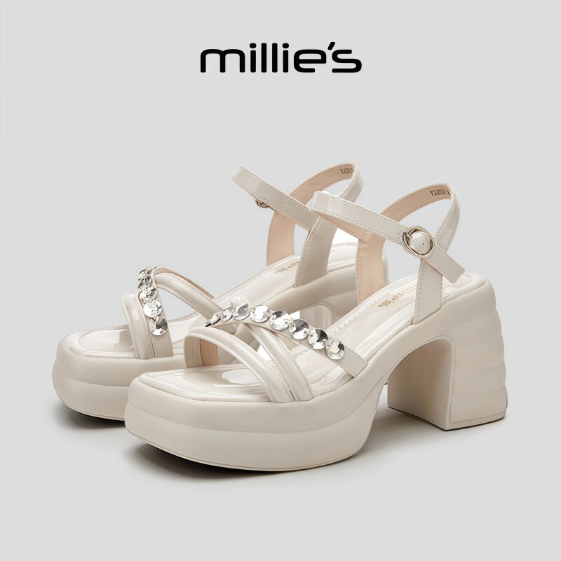 MILLIE'S/妙丽优雅厚底凉鞋女新款粗跟高跟一字带扣气质增高鞋