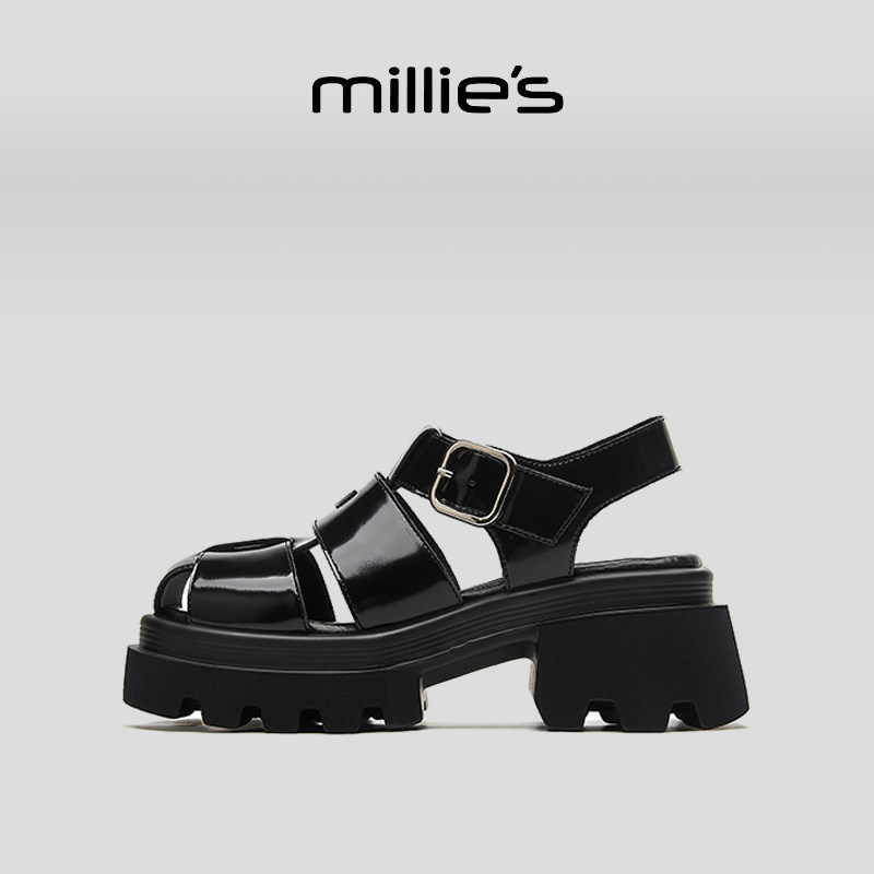 MILLIE'S/妙丽圆头厚底黑色韩版轻奢简约经典款时尚百搭休闲凉鞋
