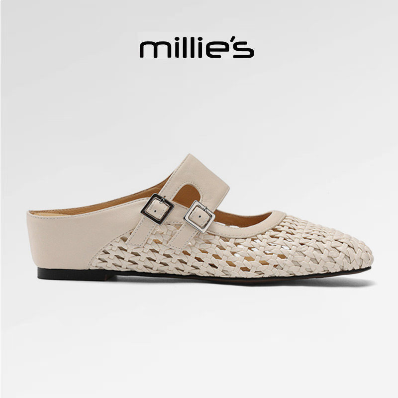 MILLIE'S/妙丽方头平跟编织镂空设计感时尚百搭透气外穿包头凉鞋