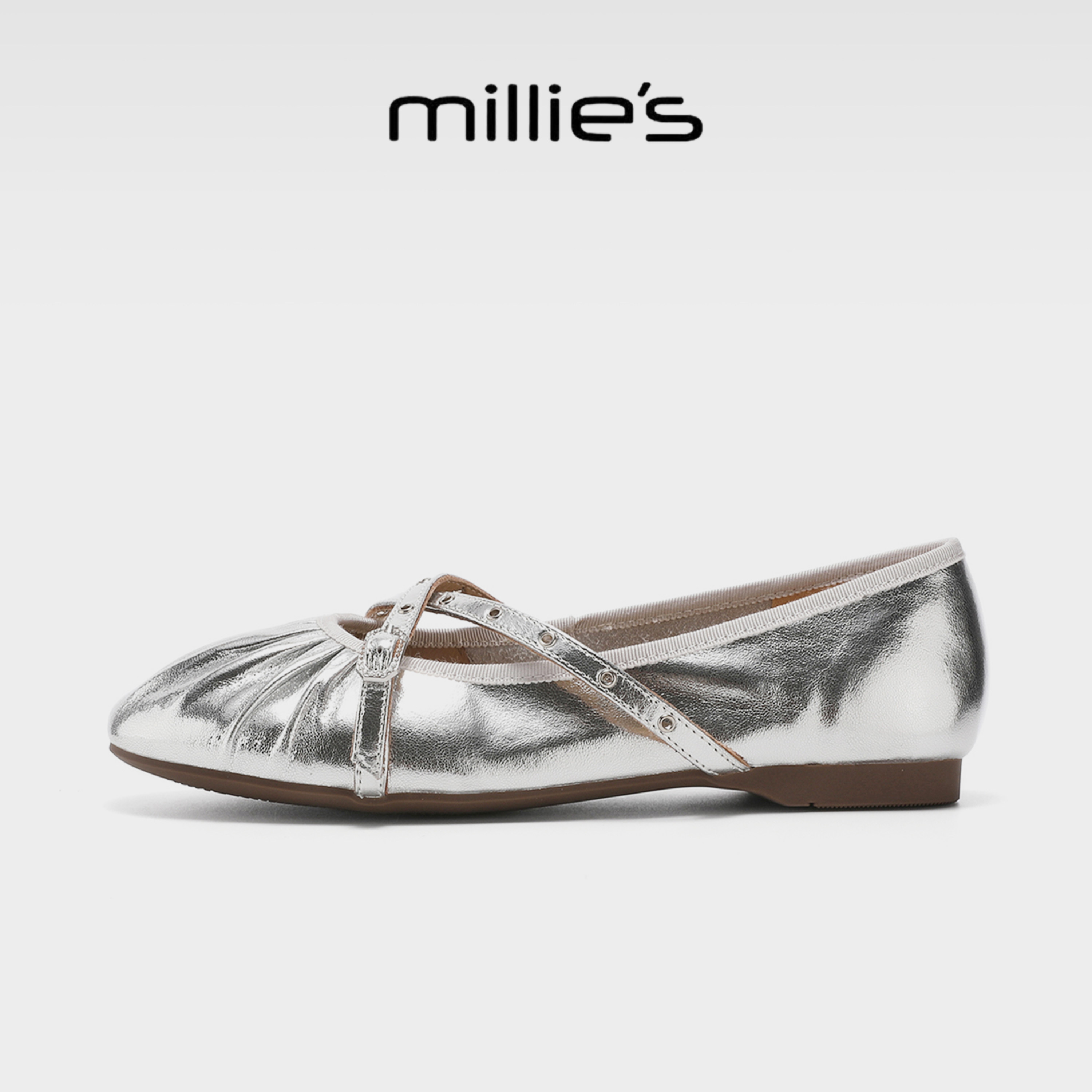 MILLIE'S/妙丽新款交叉绑带银色芭蕾鞋女真皮魔术贴平底单鞋夏季G