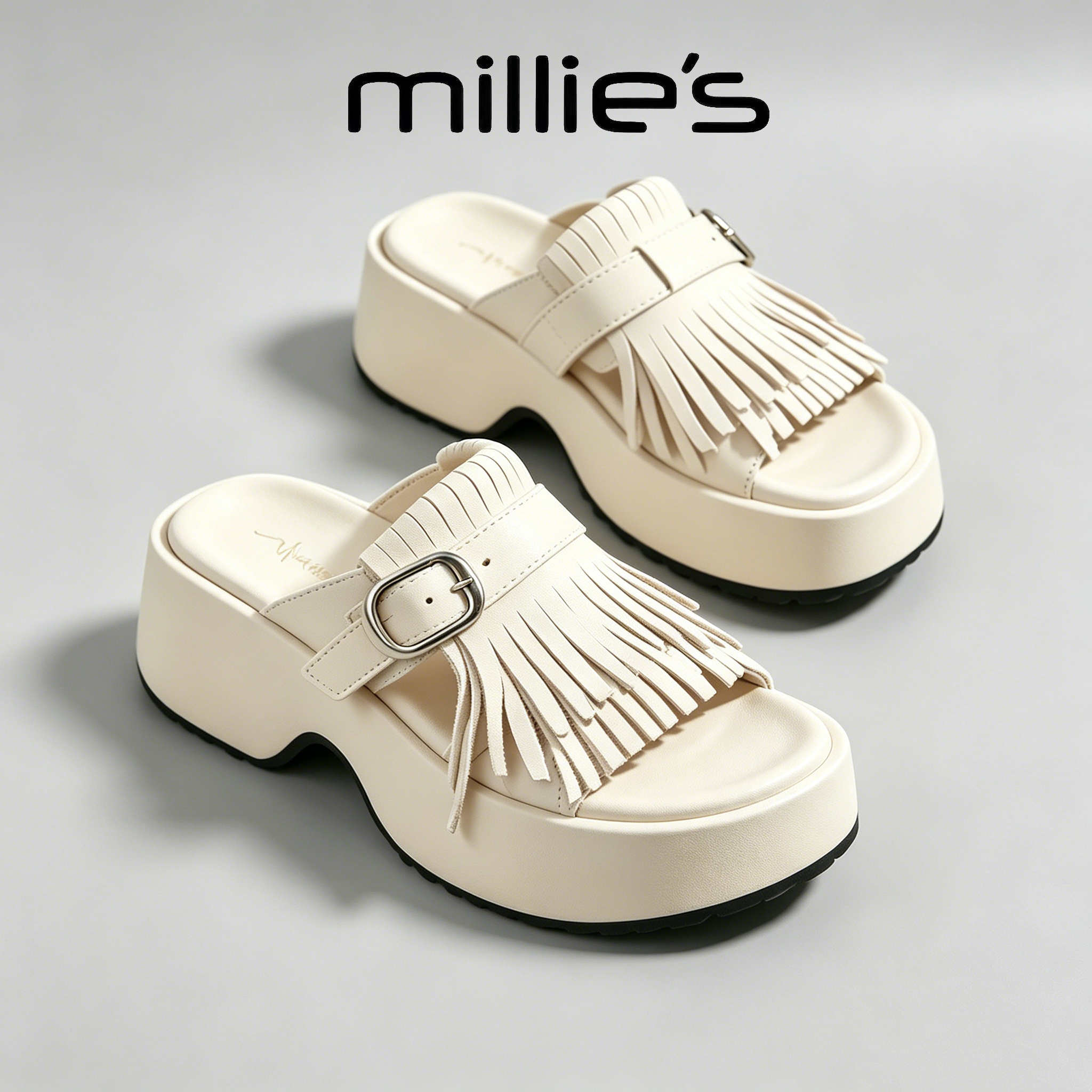 MILLIE'S/妙丽流苏厚底搭扣夏季拖松糕底增高复古辣妹风一字凉拖