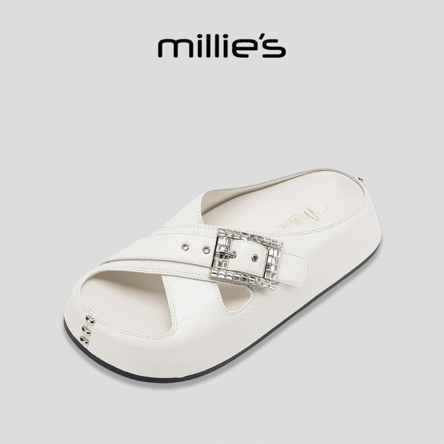 MILLIE'S/妙丽真皮厚底水钻皮带扣一字拖女时尚休闲白色夏凉拖鞋G