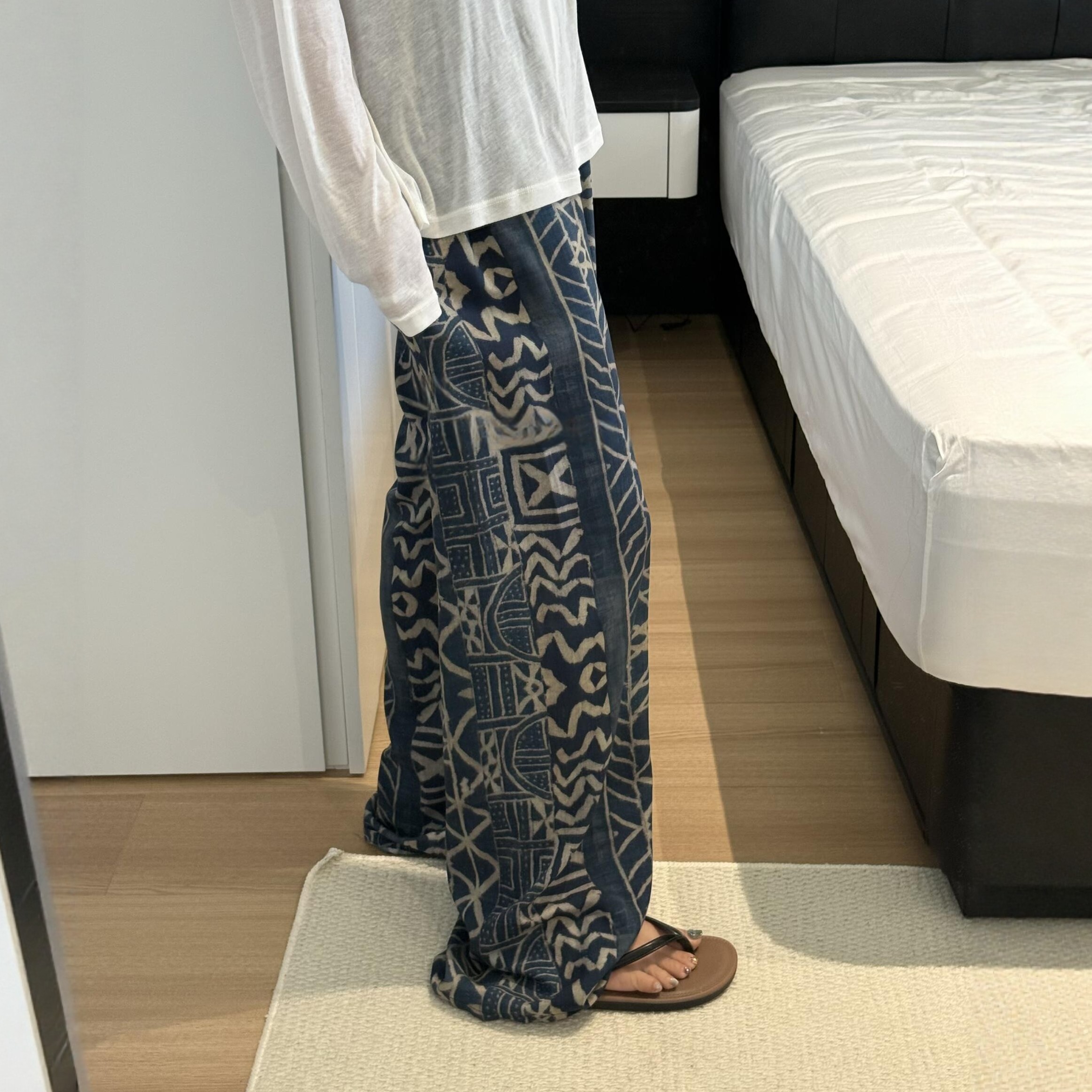 复古蓝休闲裤家居睡裤阔腿裤垂感遛弯裤子棉绸夏日凉凉裤女防蚊裤
