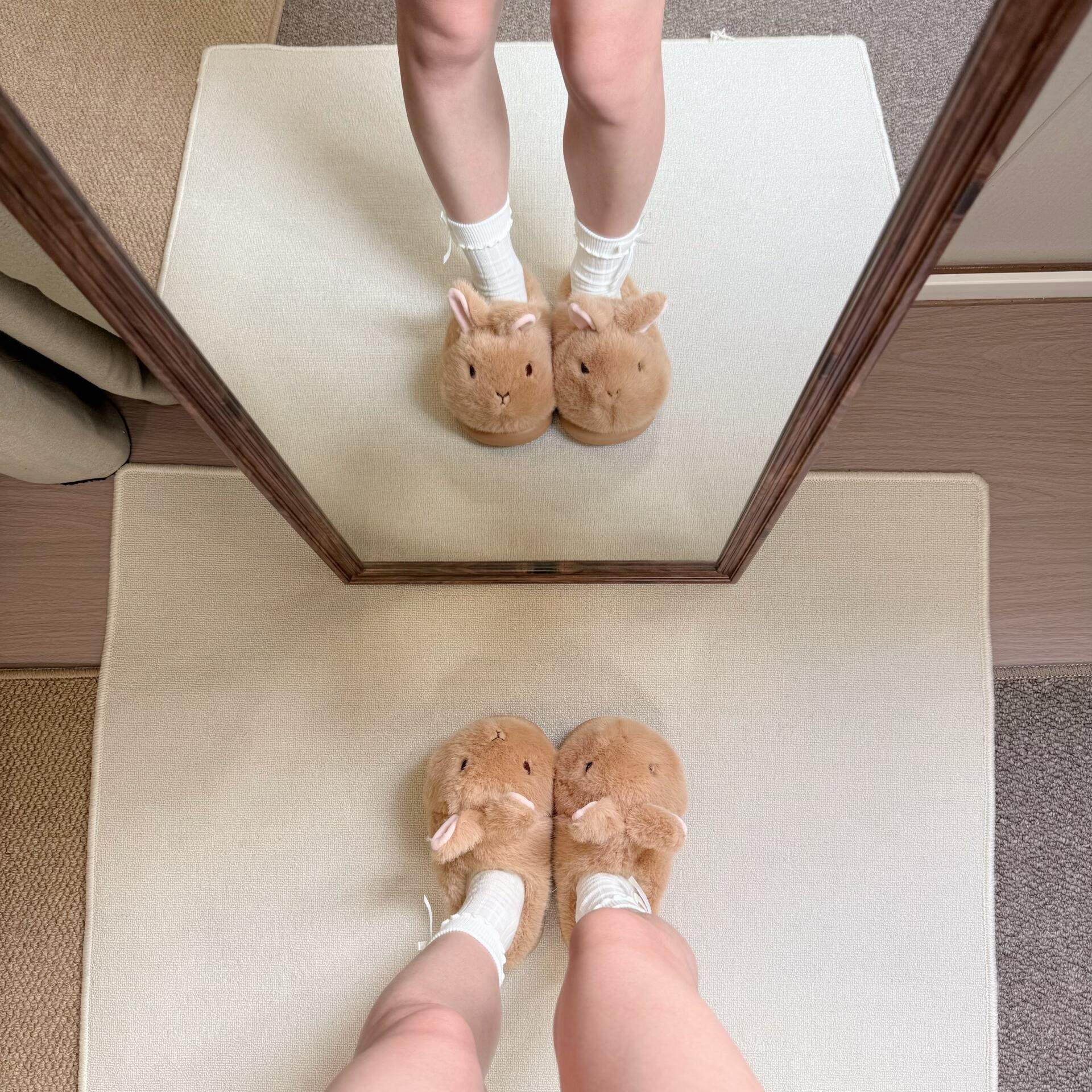 萌化了可爱粉耳小兔一脚蹬毛毛鞋冬季毛绒家居拖鞋女室内保暖加绒