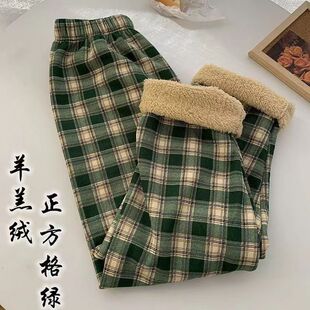 加绒加厚新款羊羔绒打底裤网红格子裤秋冬时尚百搭高腰直筒休闲裤