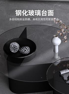 意式极简形钢玻璃茶小户型客厅茶几al54646圆桌家用大小圆组合化