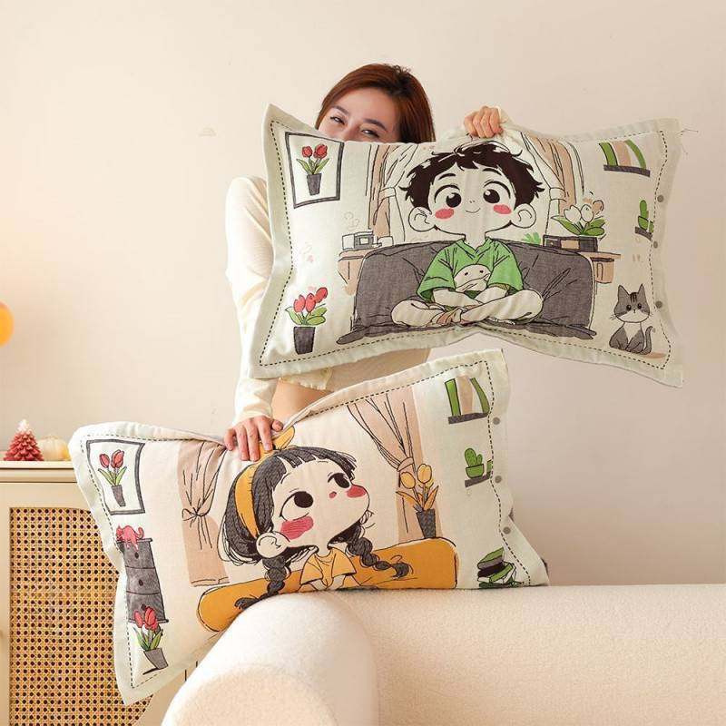 按扣八层纯棉纱布枕套一对高挡卡通可爱高颜值柔软全棉加厚枕头套