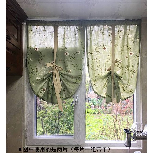 美式乡村地中海复古绿底枝蔓提拉帘半帘窗帘