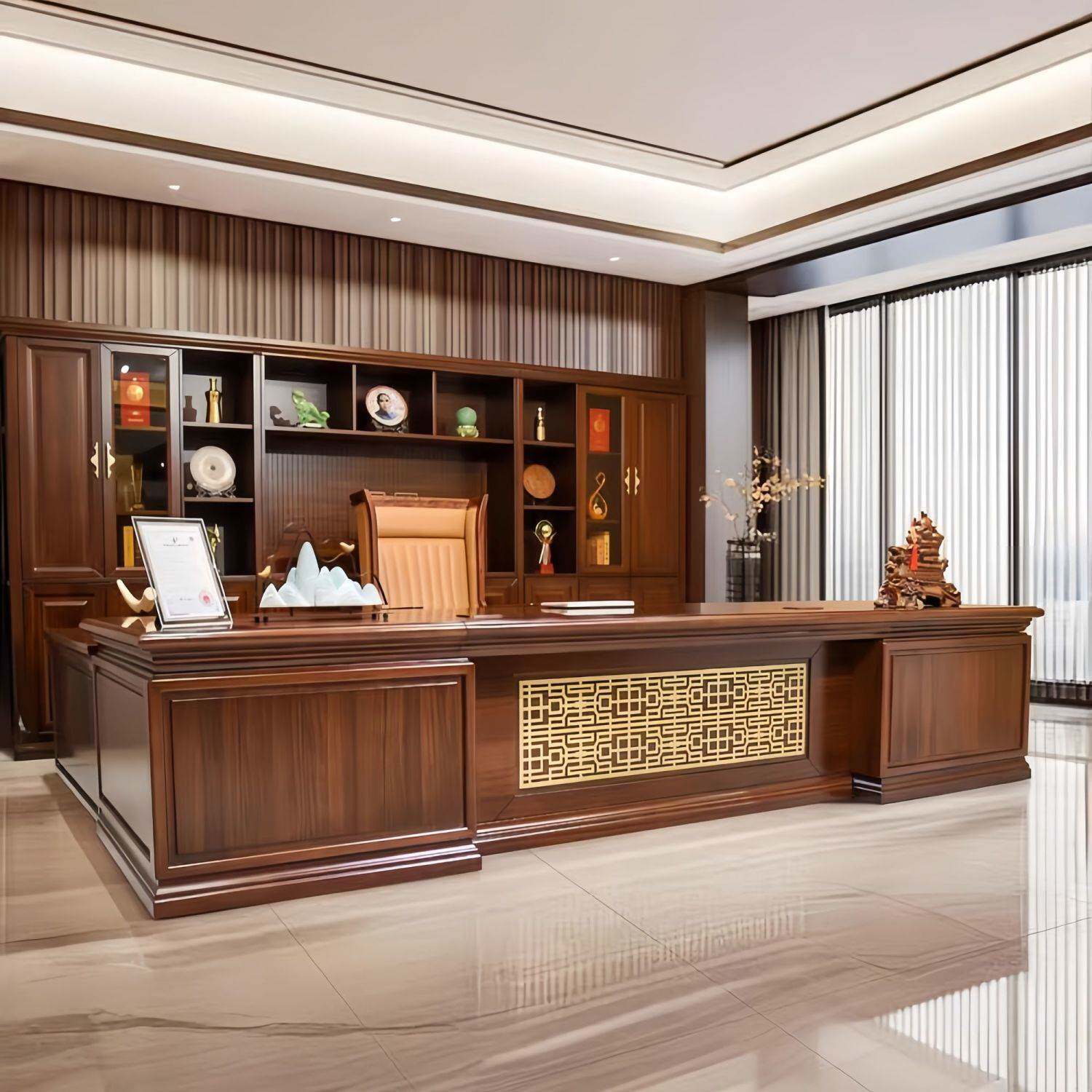 新中式乌金木办公桌组合一体实木总裁老板桌高端大气董事长大班台