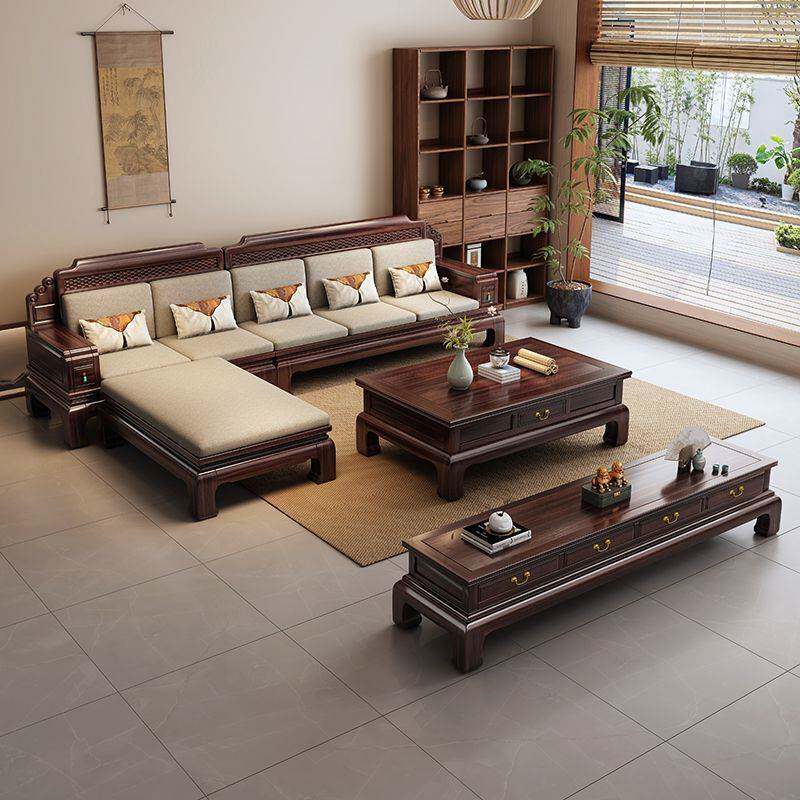 新中式实木沙发组合客厅家用仿古贵妃转角冬夏两用别墅家具