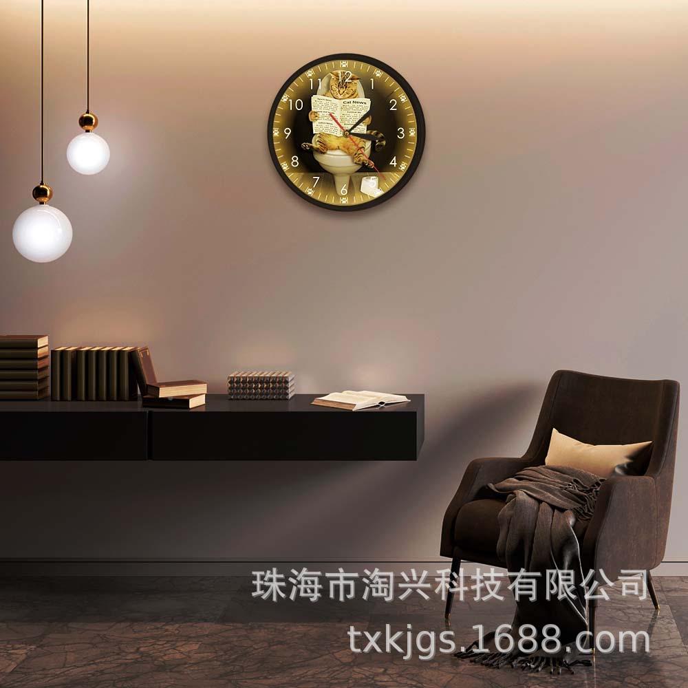 声控感应挂LED灯趣味猫咪厕所钟看新闻静音金墙属时居钟家装skz-0