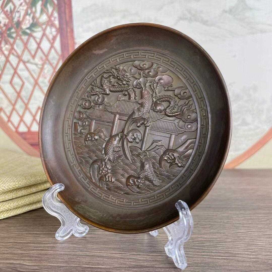 新款直销古玩复古盘子福禄寿喜仿古铜碟子摆盘鲤鱼跳龙门盘摆件乔