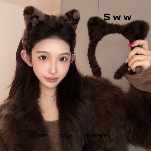 SWW毛绒豹纹猫耳朵发箍厚发饰