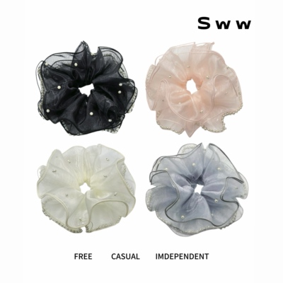 SWW/赫本风AB面欧根纱珠珠大肠发圈超大号四层褶皱法式百搭发圈