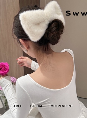 SWW手工超大毛绒蝴蝶结可爱气质百搭显瘦发夹鸭嘴夹