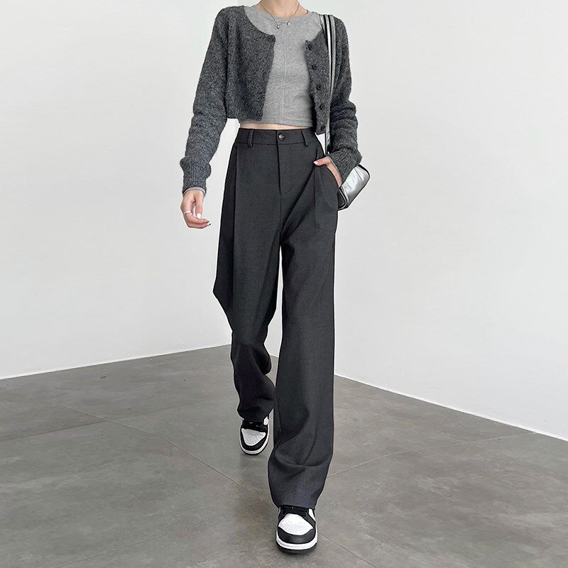灰色西装裤女2025春季新款高级感垂感高腰窄版休闲直筒羊毛阔腿裤
