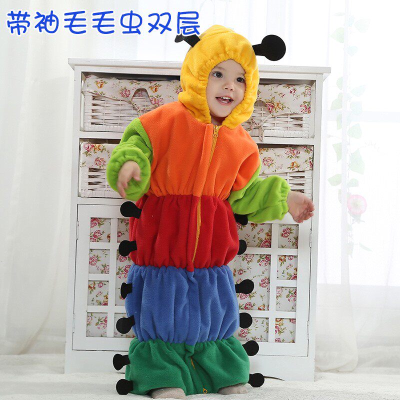 婴儿睡袋春秋冬款加厚卡通宝宝防踢被新生儿童带袖毛毛虫豌豆睡袋