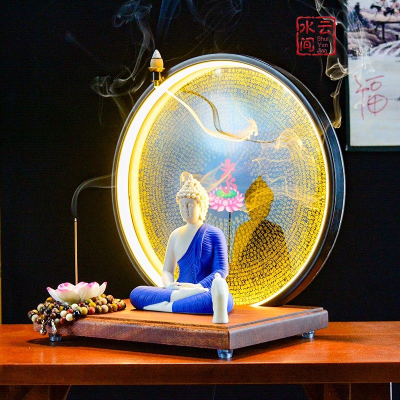 中式禅意灯摆件陶瓷释迦摩弥陀佛如来佛像家居客厅玄关楞严咒底座