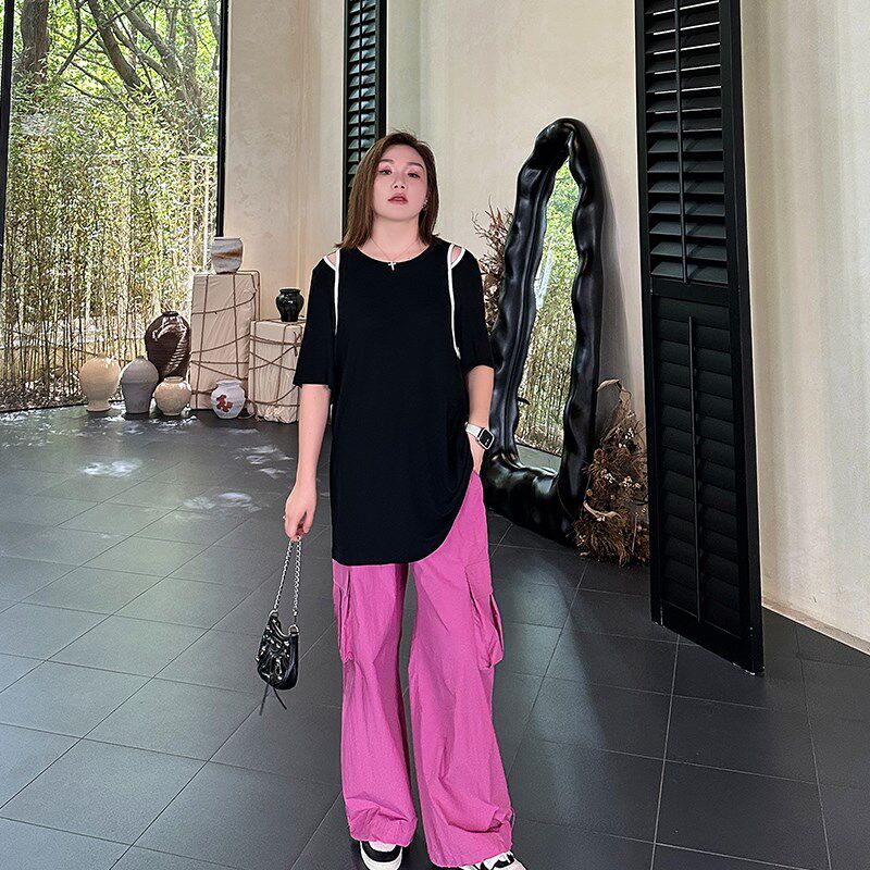 心存真大码女装漏肩上衣夏季新款200斤胖妹妹mm宽松显瘦中长T恤