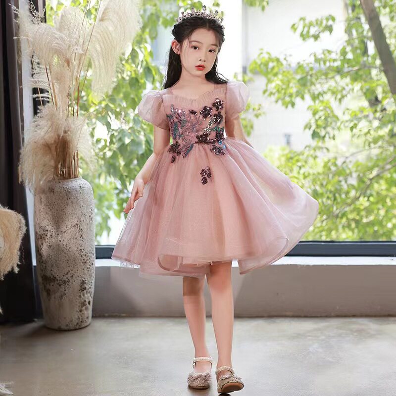 高端公主裙女童钢琴礼服儿童粉色花童婚礼小女孩主持人舞台表演服