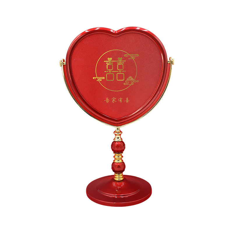 结婚镜子一对红色圆形新娘化妆镜婚庆用品女方陪嫁梳妆台式双面镜