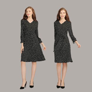 春夏秋新款V领法式长袖腰带修身a字针织波点连衣裙子大码女装长裙