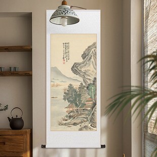 张大千水墨荷花卷轴挂画书房茶室玄关国画中式仿古花鸟客厅装饰画