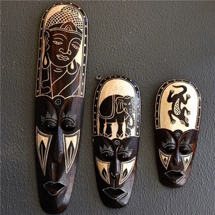 兰纳非洲木雕工艺品小黑白面具咖啡屋店面墙壁创意立体装饰挂件