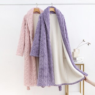 浴袍 女士法兰绒睡衣家居服珊瑚绒浴衣新款 睡袍女冬季 加绒加厚长款