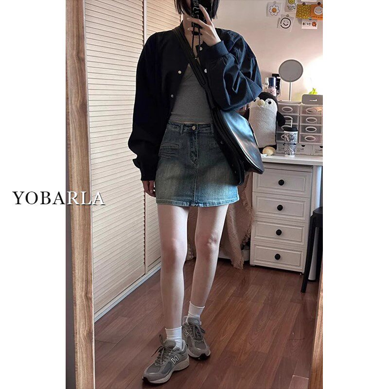 复古蓝高腰牛仔短裙女夏季大码显瘦胖mm遮肚子梨形身材a字半身裙