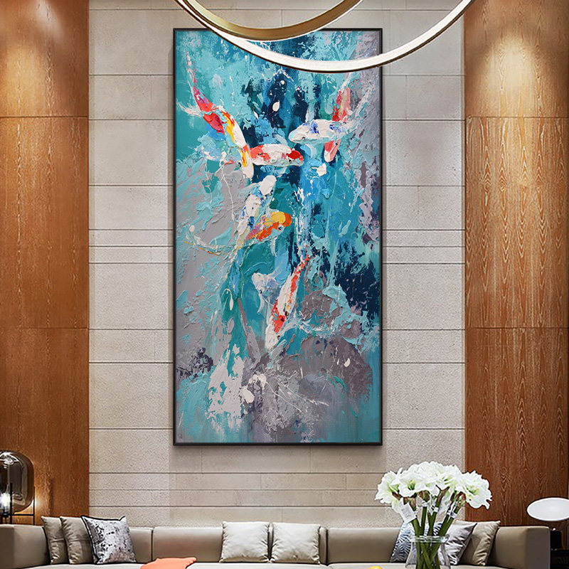 纯手绘玄关装饰画 画九鱼图走廊竖版过道挂画 画新中式壁画 画客