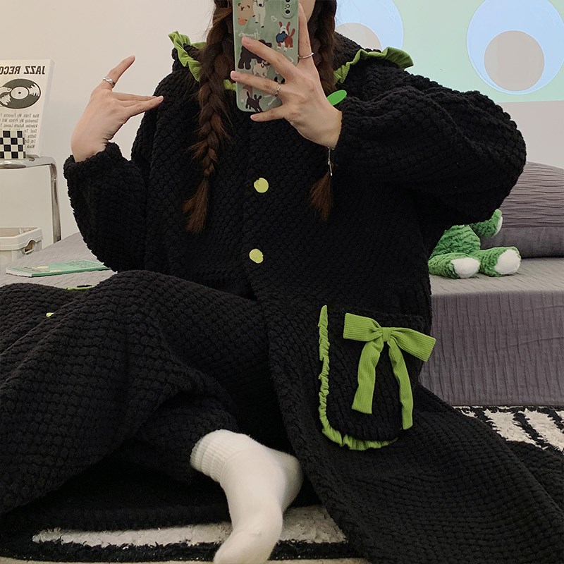 法兰绒睡衣女秋冬季加厚加绒浴袍珊瑚绒睡袍套装长款冬天春家居服