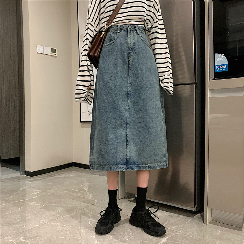 蓝色高腰开叉牛仔半身裙女夏大码胖mm遮胯显瘦中长款a字包臀裙子