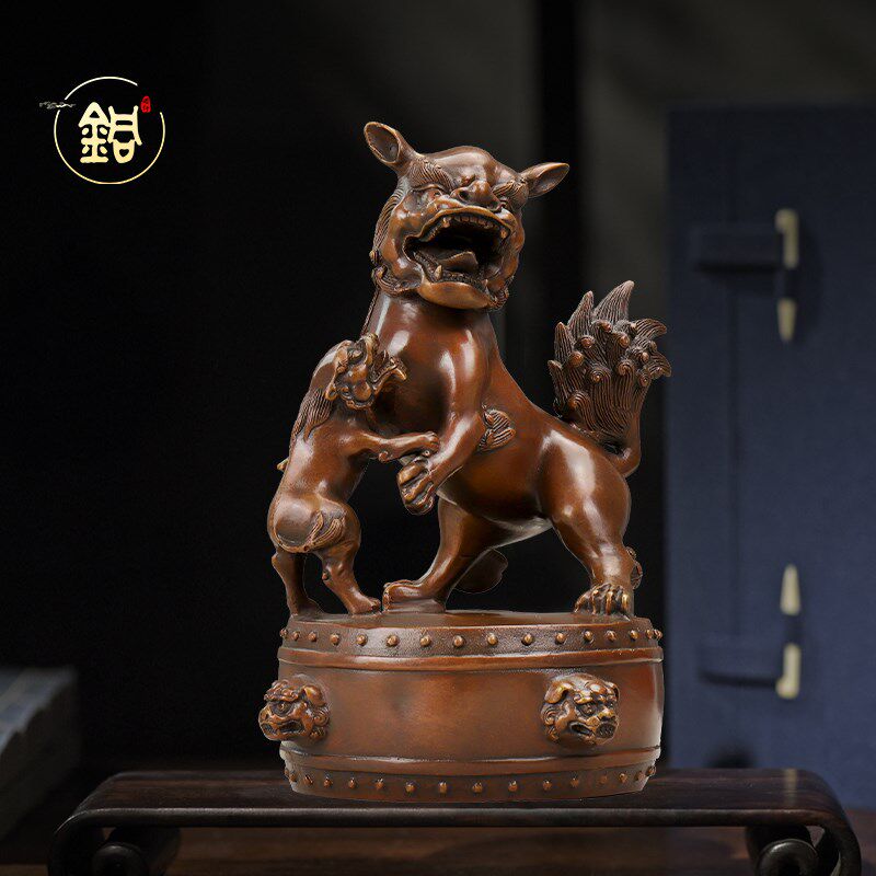 铜鼓狮摆件 仿古公母铜狮子摆件 中式创意居家办公桌面摆放