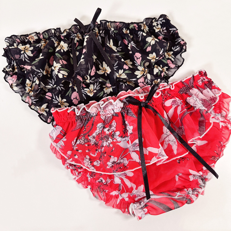 男士可穿公子花美男美臀荷叶裙边情侣男体女款微透雪纺纱女士内裤