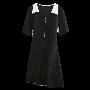 大码女装胖mm翻领收腰小黑裙夏季2024新款遮肚子显瘦中长款连衣裙