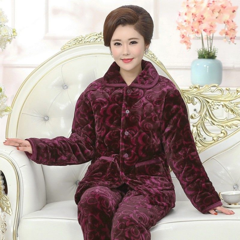 冬季女士中老年妈妈法兰绒夹棉加厚睡衣套装加肥加大码老年人棉衣