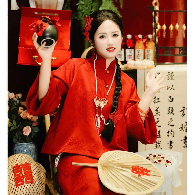 套装敬酒服女新娘新中式旗袍冬季长袖酒红色婚礼喜嫁订婚礼服裙女