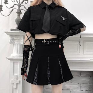 甜酷百褶裙大码豹纹工装短裙女夏胖mm高腰防走光学生a字JK半身裙