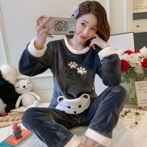 冬季珊瑚绒睡衣女长袖秋冬保暖加厚加绒甜美可爱法兰绒家居服套装